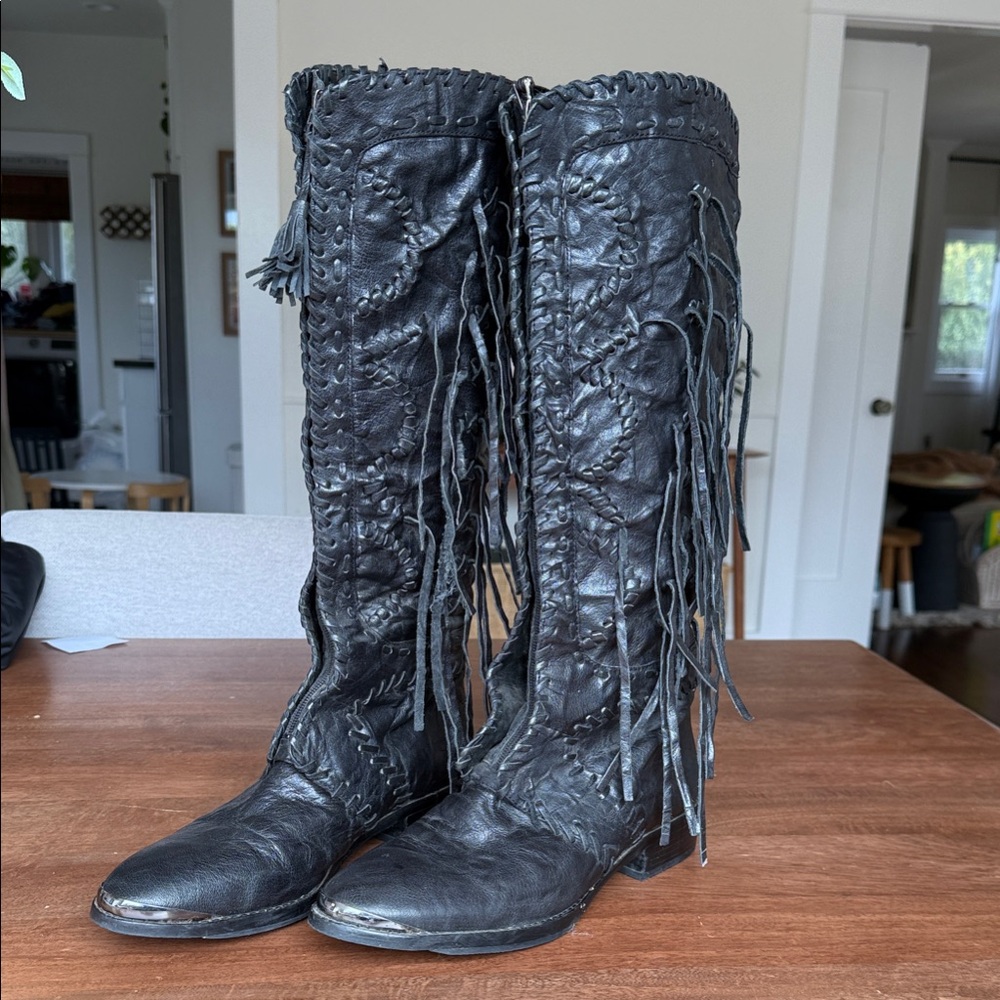Sam Edelman Palermo Black Leather to the Knee Boots with Fringe- size 10 - Picture 2 of 7
